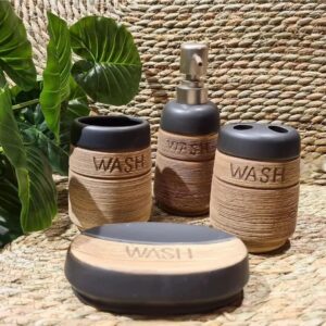 4 Piece Ceramic Bathroom Accessory Set - Rustic Design
