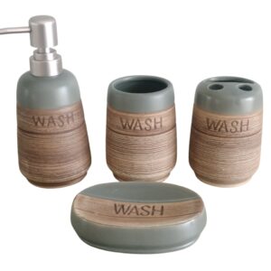 Ceramic Bathroom Accessory Set - Grey and Brown - Set of 4