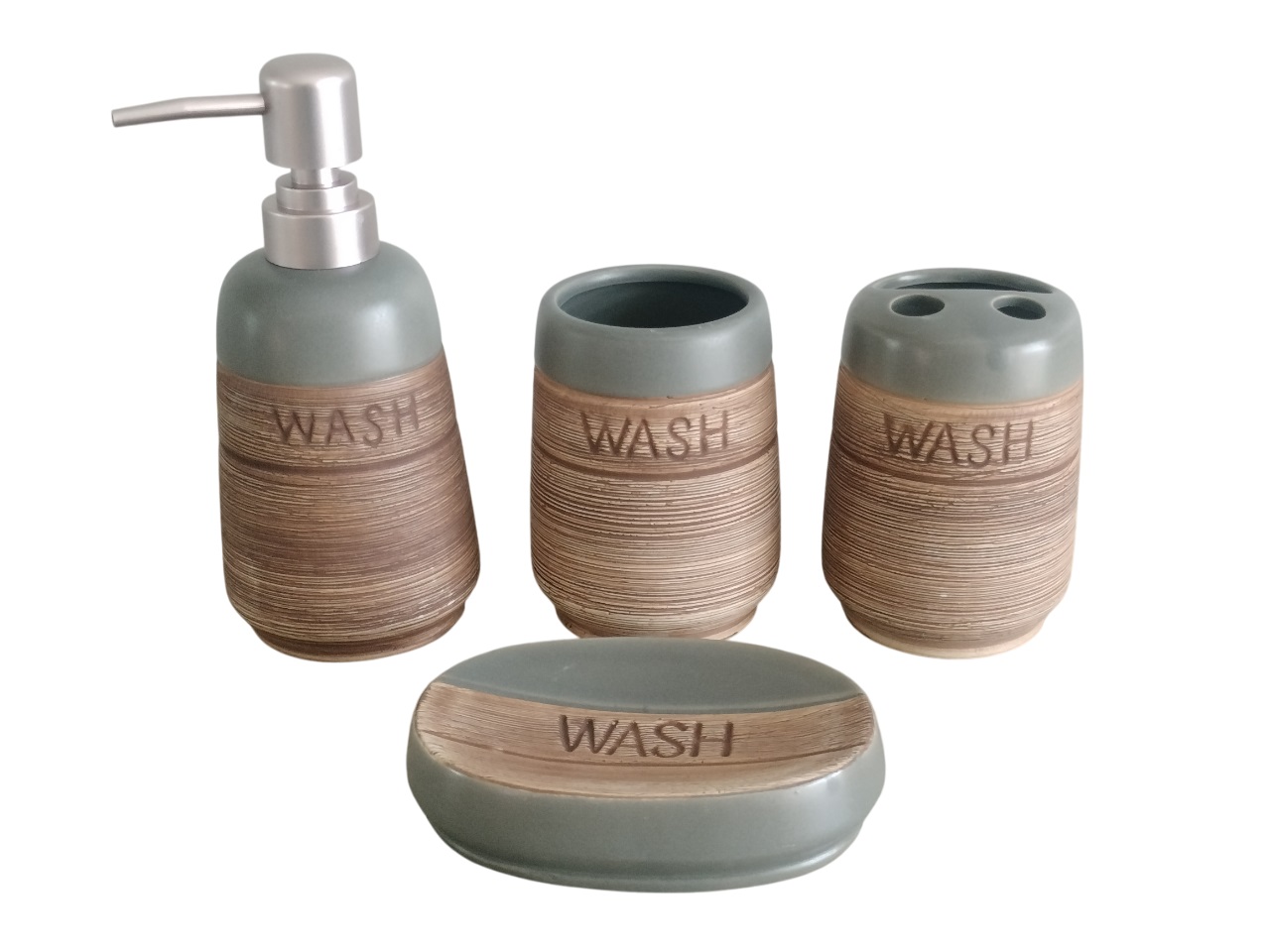 Ceramic Bathroom Accessory Set - Grey and Brown - Set of 4