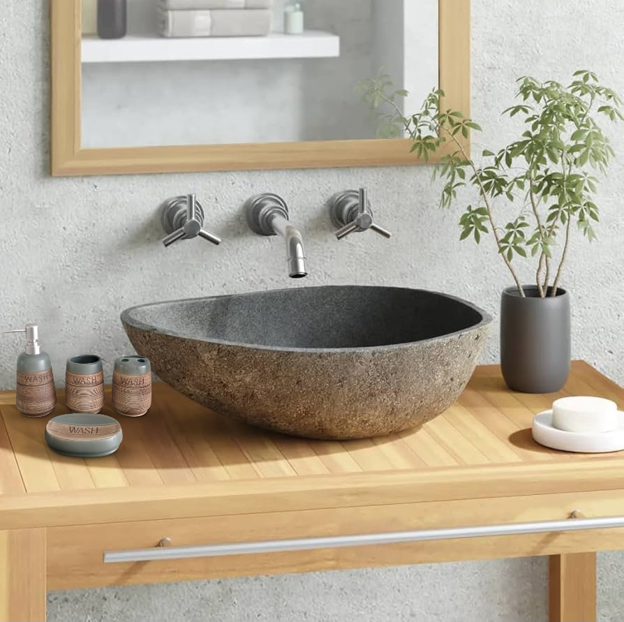 Ceramic Bathroom Accessory Set - Grey and Brown - Set of 4 - Image 5